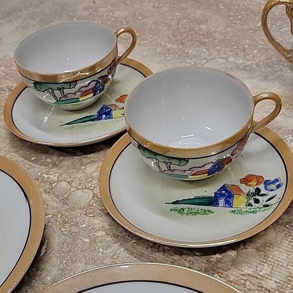 VINTAGE HANDPAINTED TEA SET (5) MADE IN (OCCUPIED) JAPAN TEA POT MISSING - Picture 5 of 8
